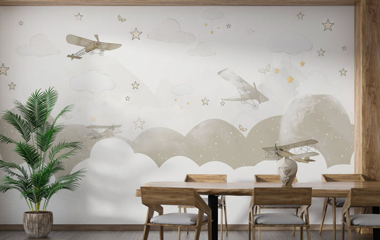 Muted palette sky wall mural with vintage aircraft for dining room.