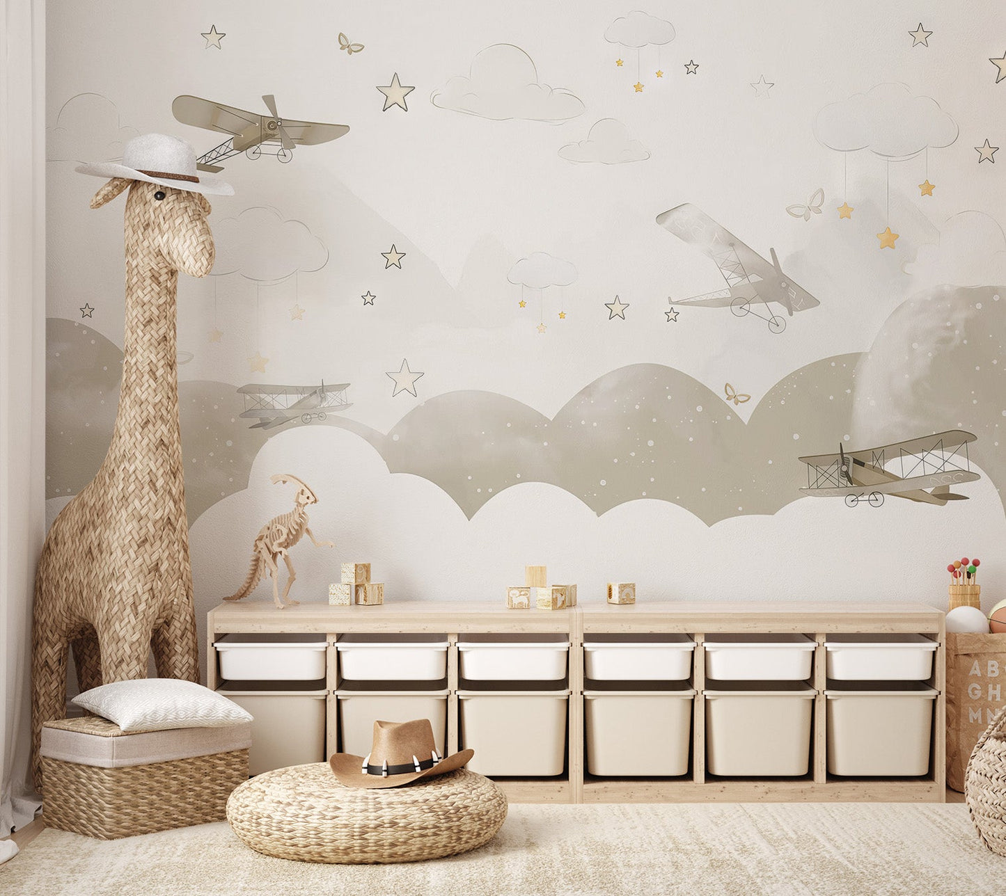 Hand-painted style aircraft and star wall  mural for a children's room.