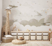 Hand-painted style aircraft and star wall  mural for a children's room.