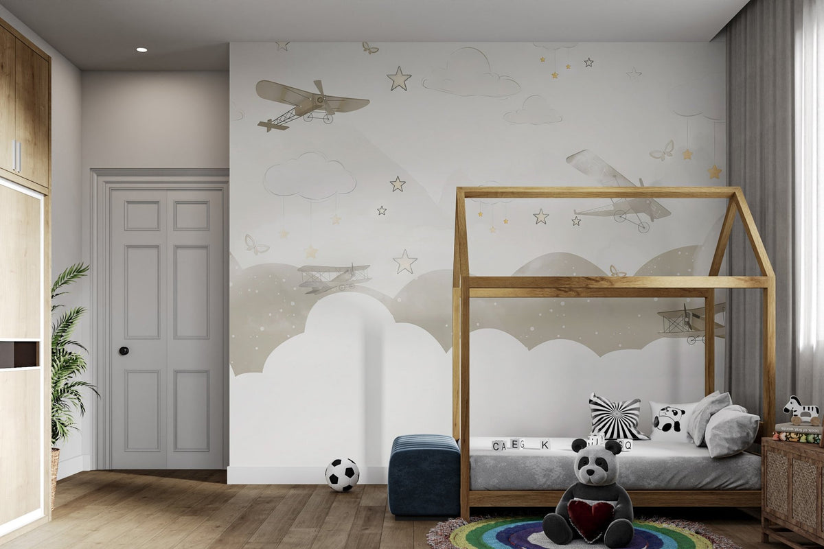 Small butterflies and stars among clouds on a sky wall mural.