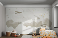 Dreamy wall mural with airplanes and  delicate butterflies for kids bedroom.