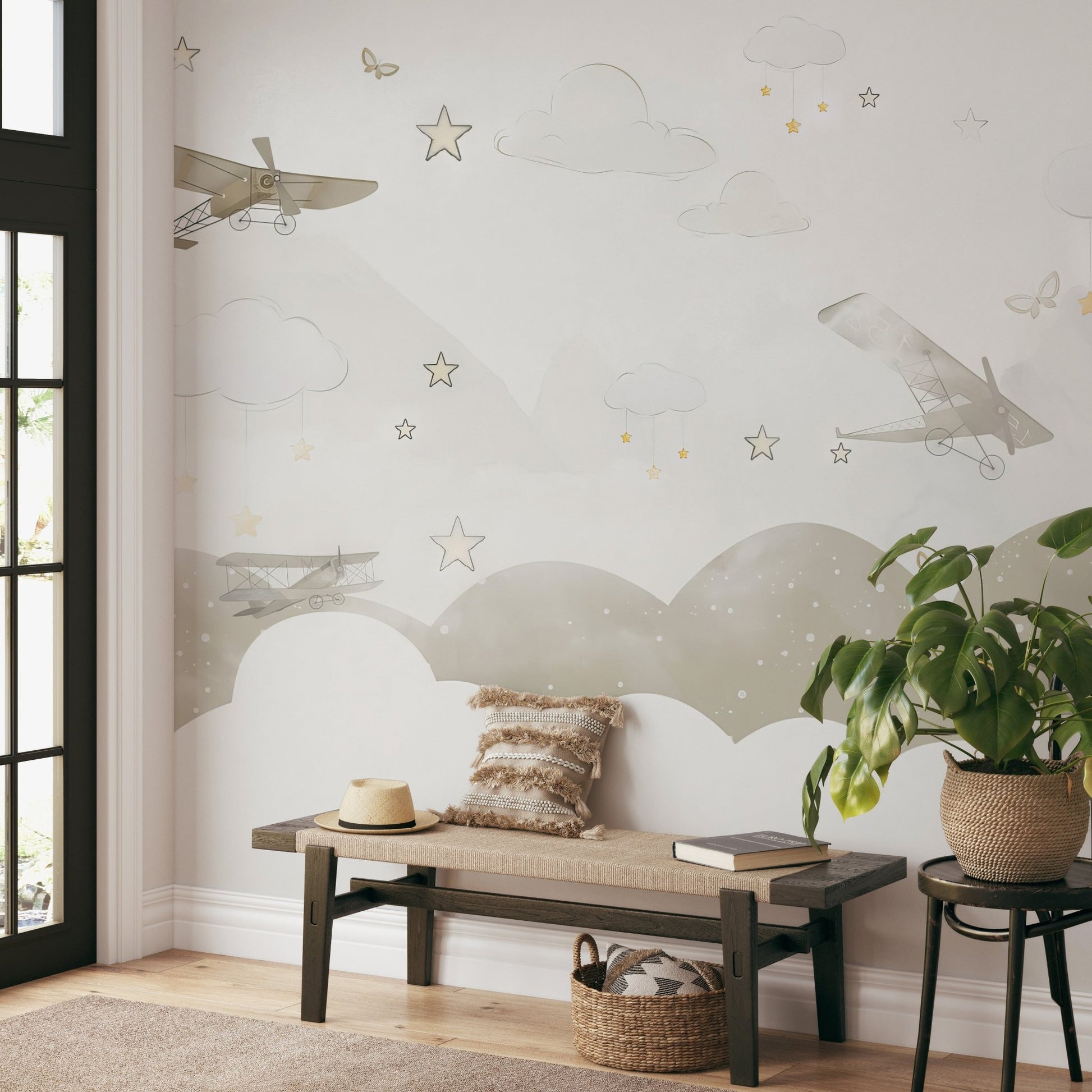 Retro aviation wall mural with propeller planes and star constellations.