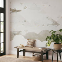 Retro aviation wall mural with propeller planes and star constellations.