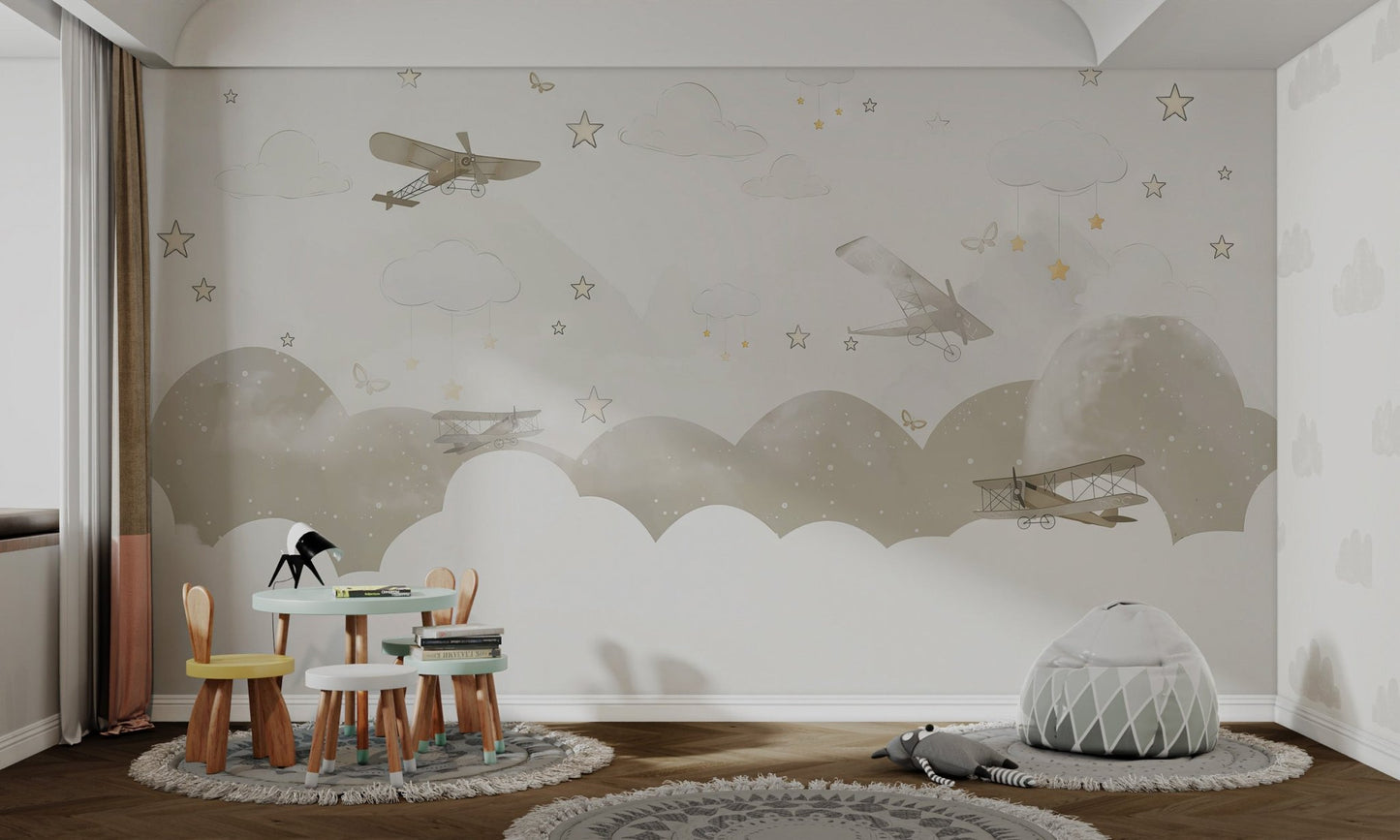 Cream colored biplane illustrations  wall mural for a kids study room.
