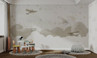 Cream colored biplane illustrations  wall mural for a kids study room.