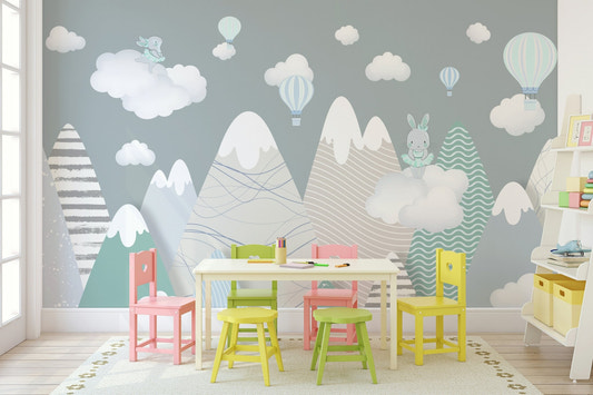 Whimsical blue Alpine Wall Mural across the entire room