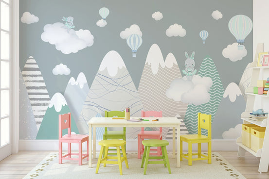 Whimsical blue Alpine Wall Mural across the entire room