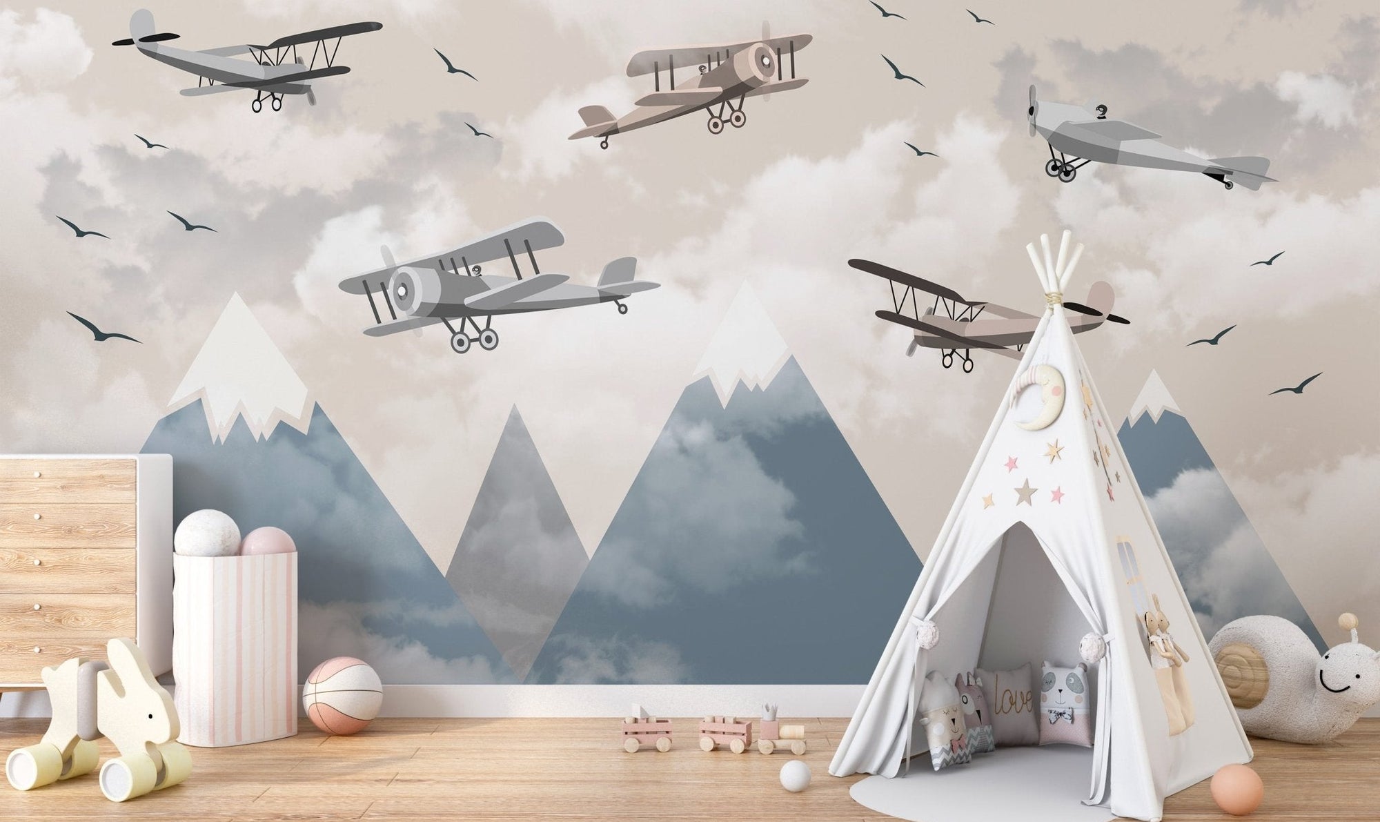 Alpine flight adventure wall mural with vintage airplanes and mountains.
