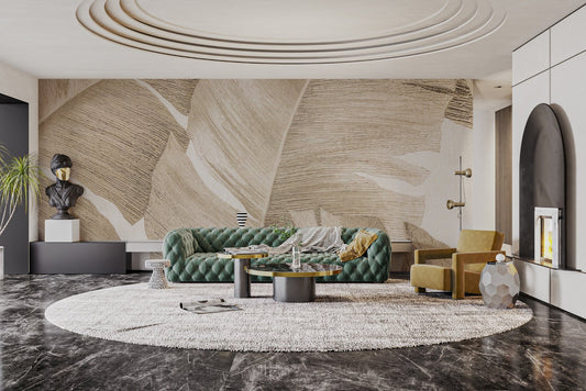 Amber leaves wall mural in warm beige botanical pattern wallpaper.