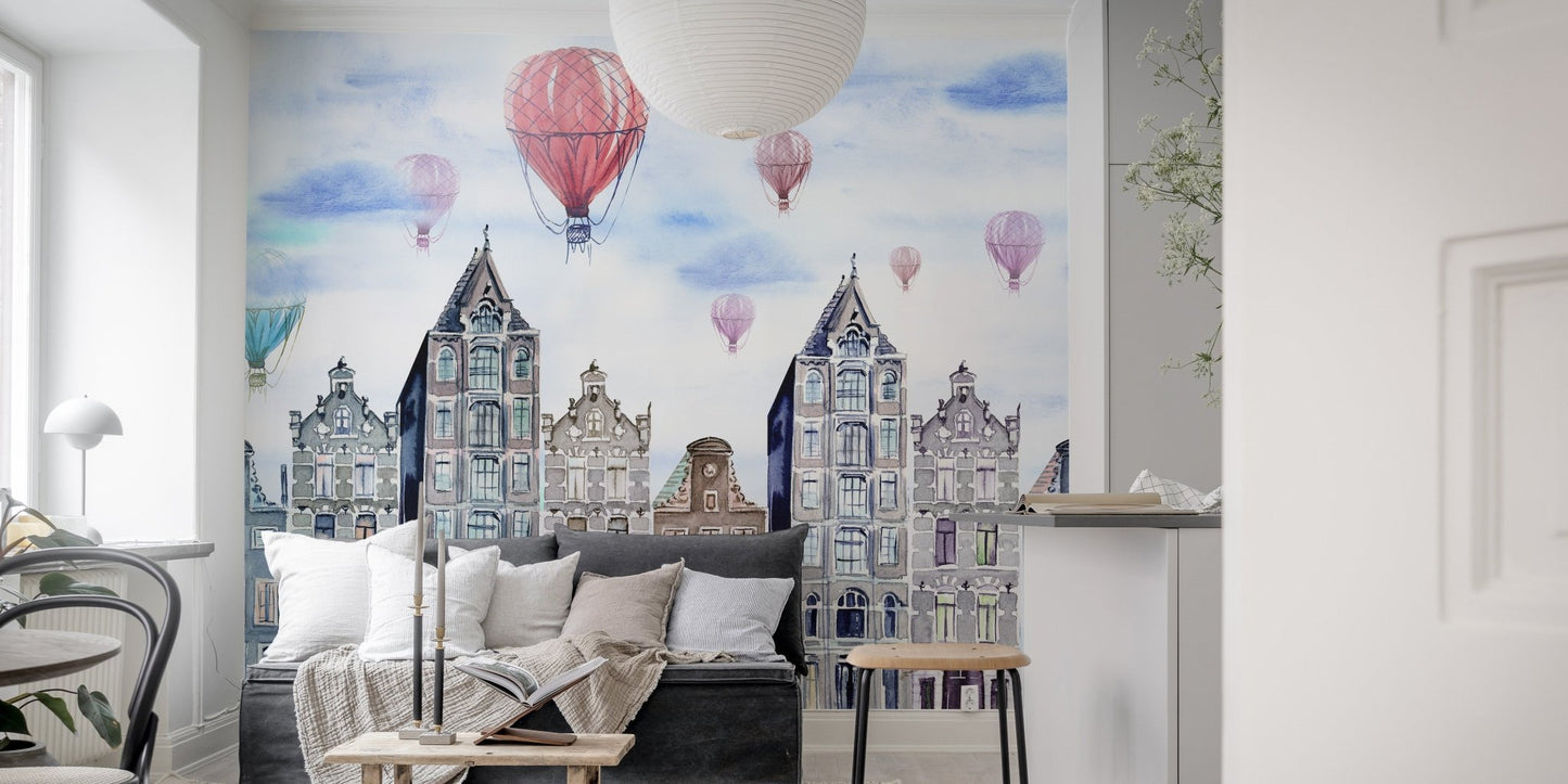Watercolor cityscape wall mural used as a backdrop in a modern living room.