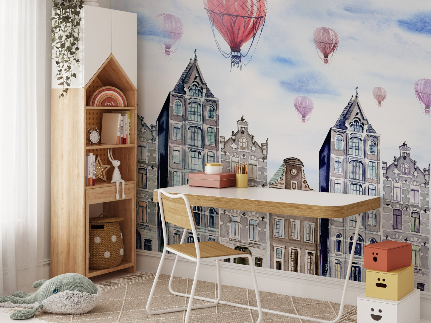 Amsterdam Hues Watercolor Cityscape Mural with a white desk and wooden chair.
