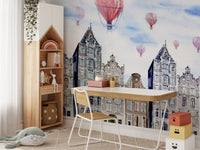 Amsterdam Hues Watercolor Cityscape Mural with a white desk and wooden chair.
