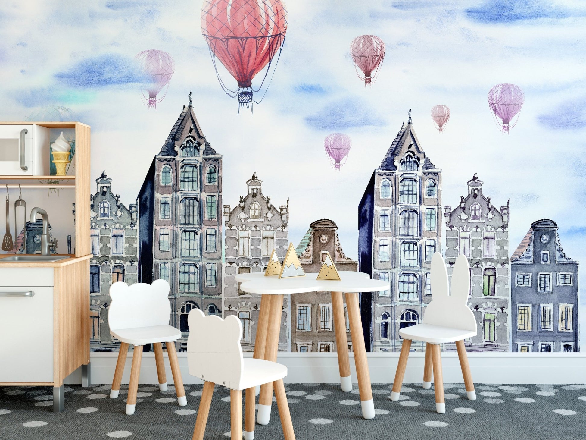 Artistic Amsterdam mural showcasing a cityscape hues in kids dining room.