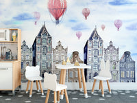 Artistic Amsterdam mural showcasing a cityscape hues in kids dining room.