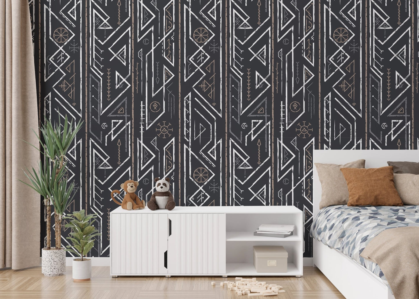 Bedroom with white media console and dark grey Celtic pattern wallpaper.