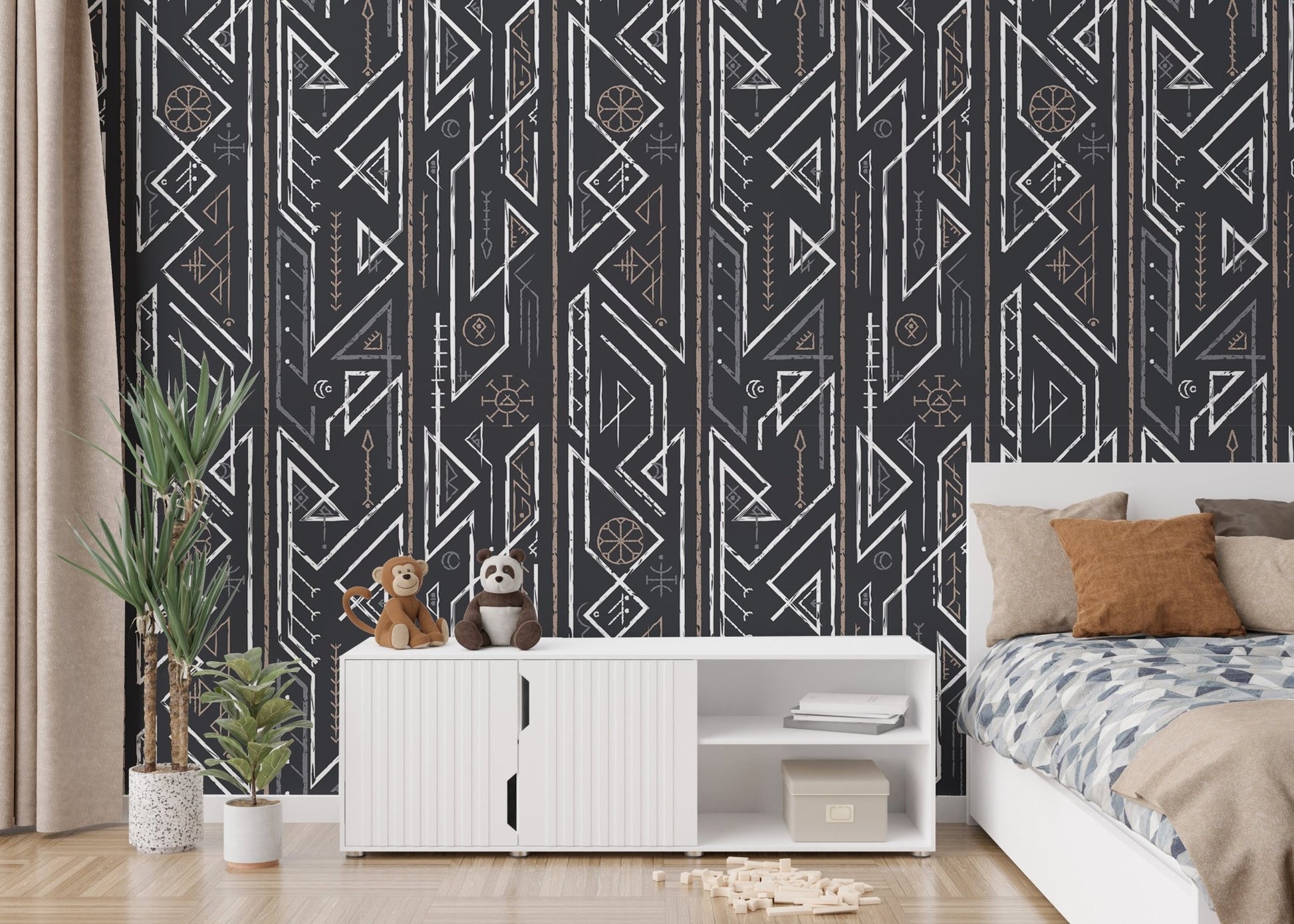 Bedroom with white media console and dark grey Celtic pattern wallpaper.