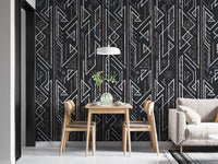 Dining room with Ancient Celtic Seamless Pattern Geometric Wallpaper and wooden table.