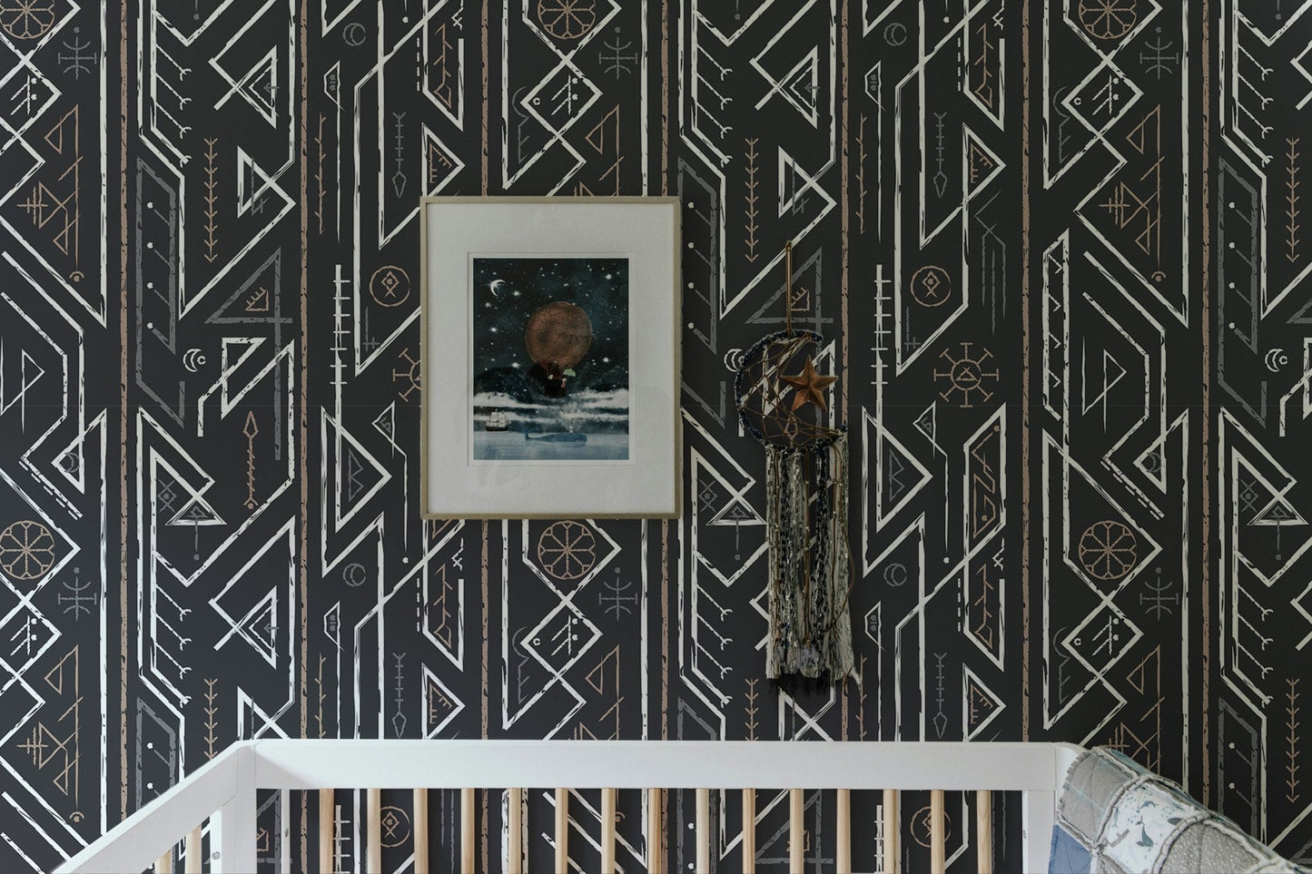 Nursery room featuring a white crib against geometric Celtic pattern wallpaper.
