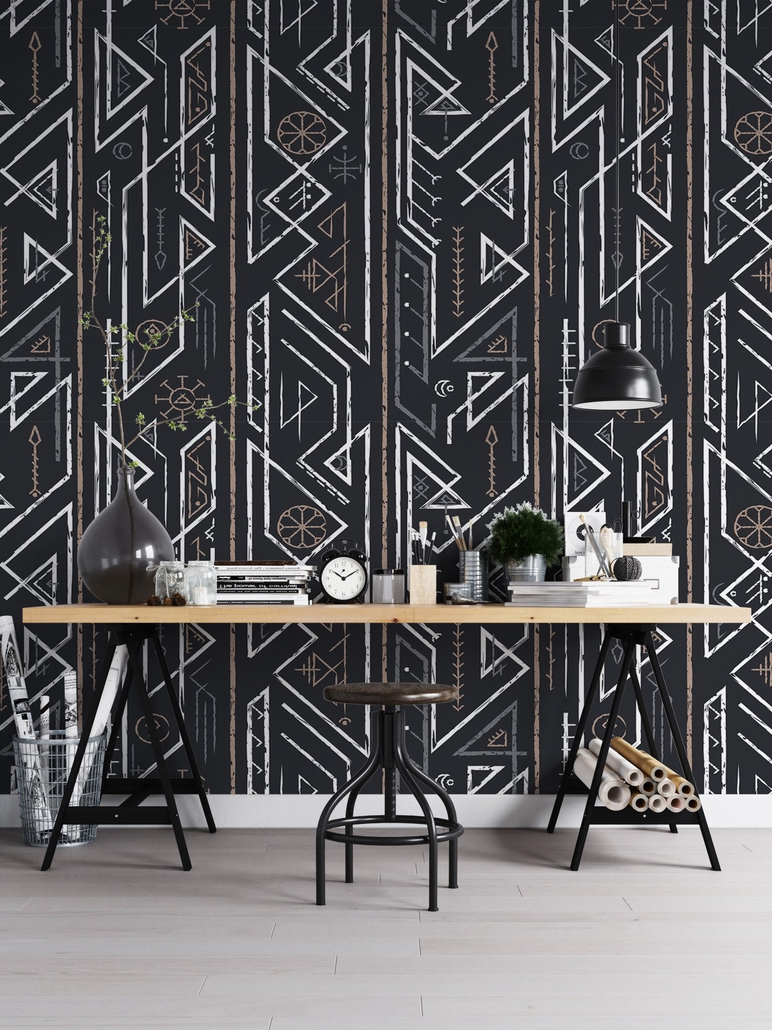 Home office setup with a long wooden table and Ancient Celtic wall mural.