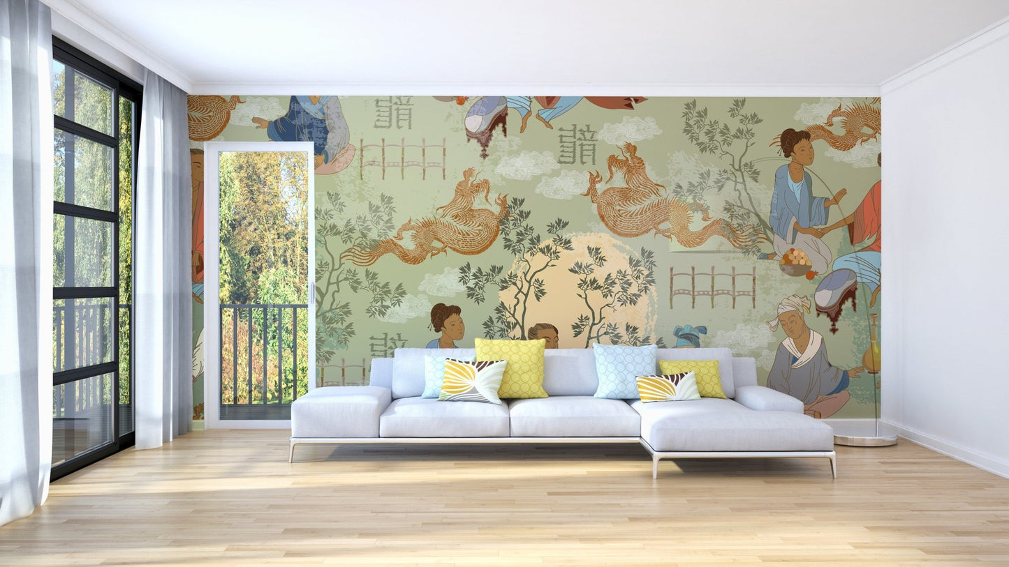 Artistic tea ceremony mural for modern homes

