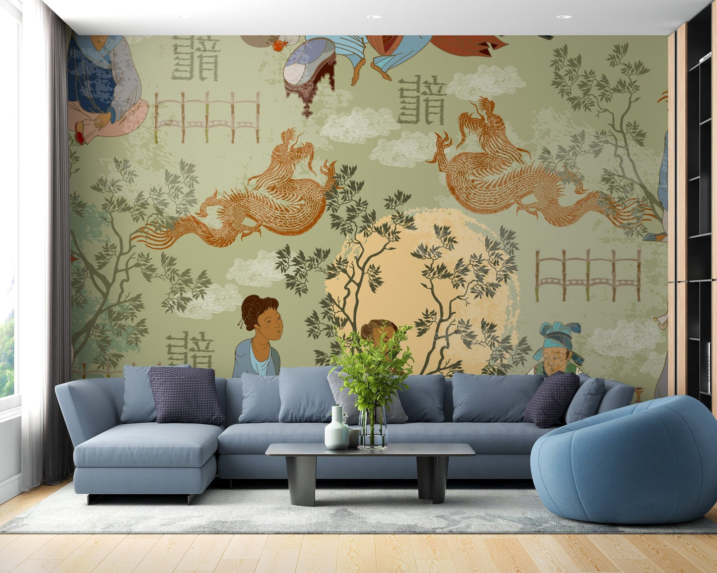 Serene tea ceremony mural for relaxing vibes
