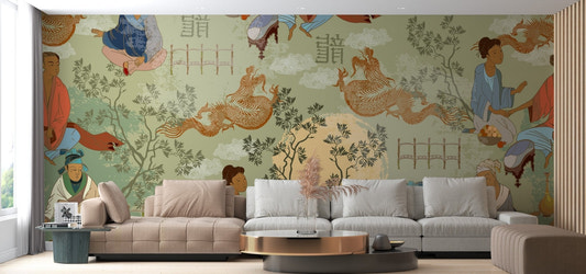 Ancient tea ceremony wall mural with dragons and sage green tones.
