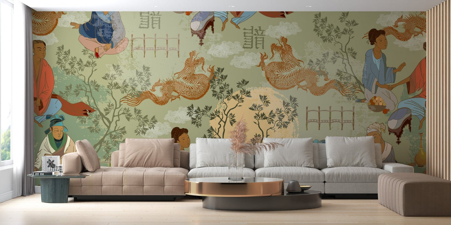 Ancient tea ceremony mural for serene decor
