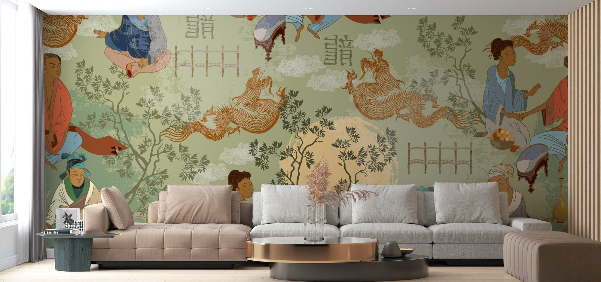 Ancient tea ceremony wall mural with dragons and sage green tones.