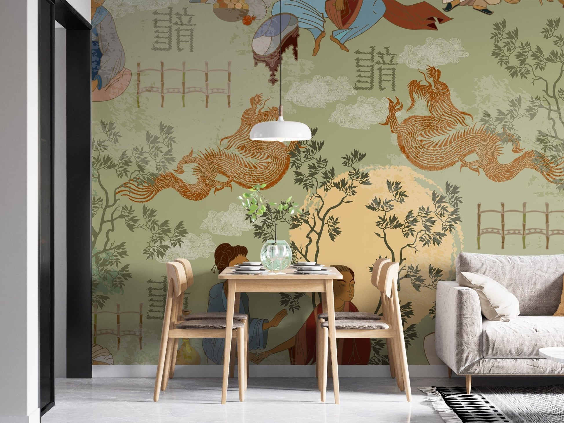 Peaceful ancient tea mural for wall accents
