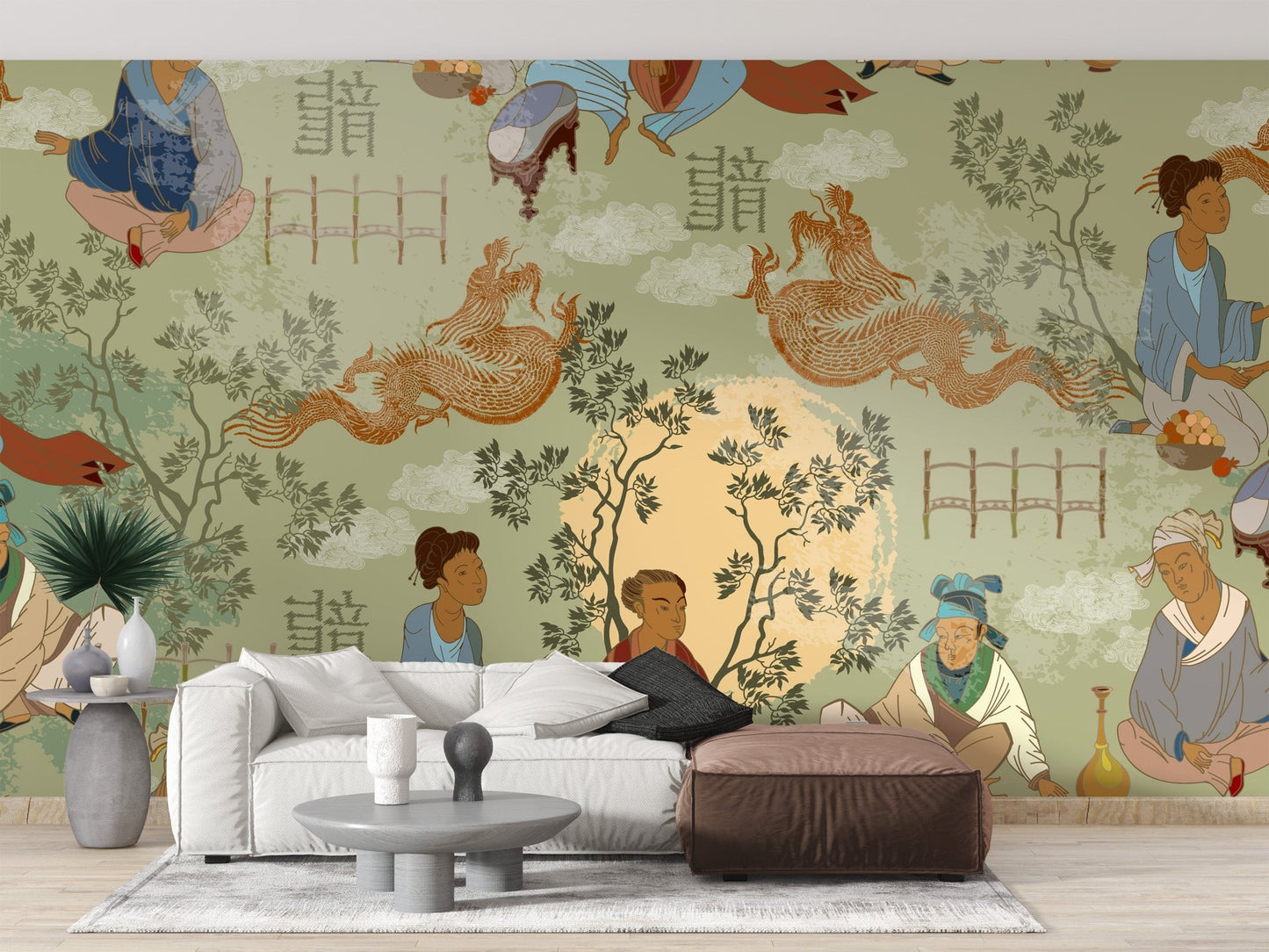 Ancient tea ceremony mural with cultural charm
