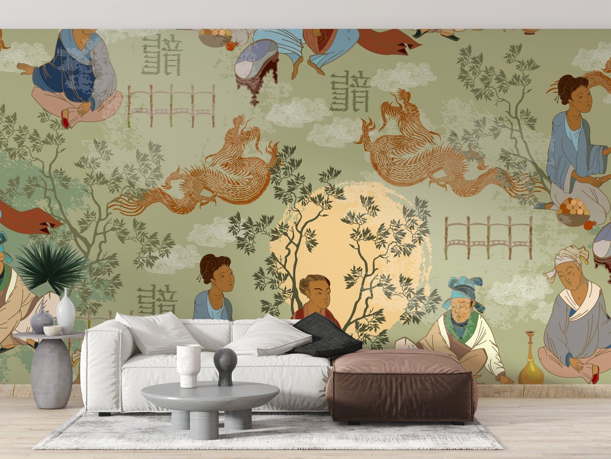 Ancient tea ceremony mural with cultural charm
