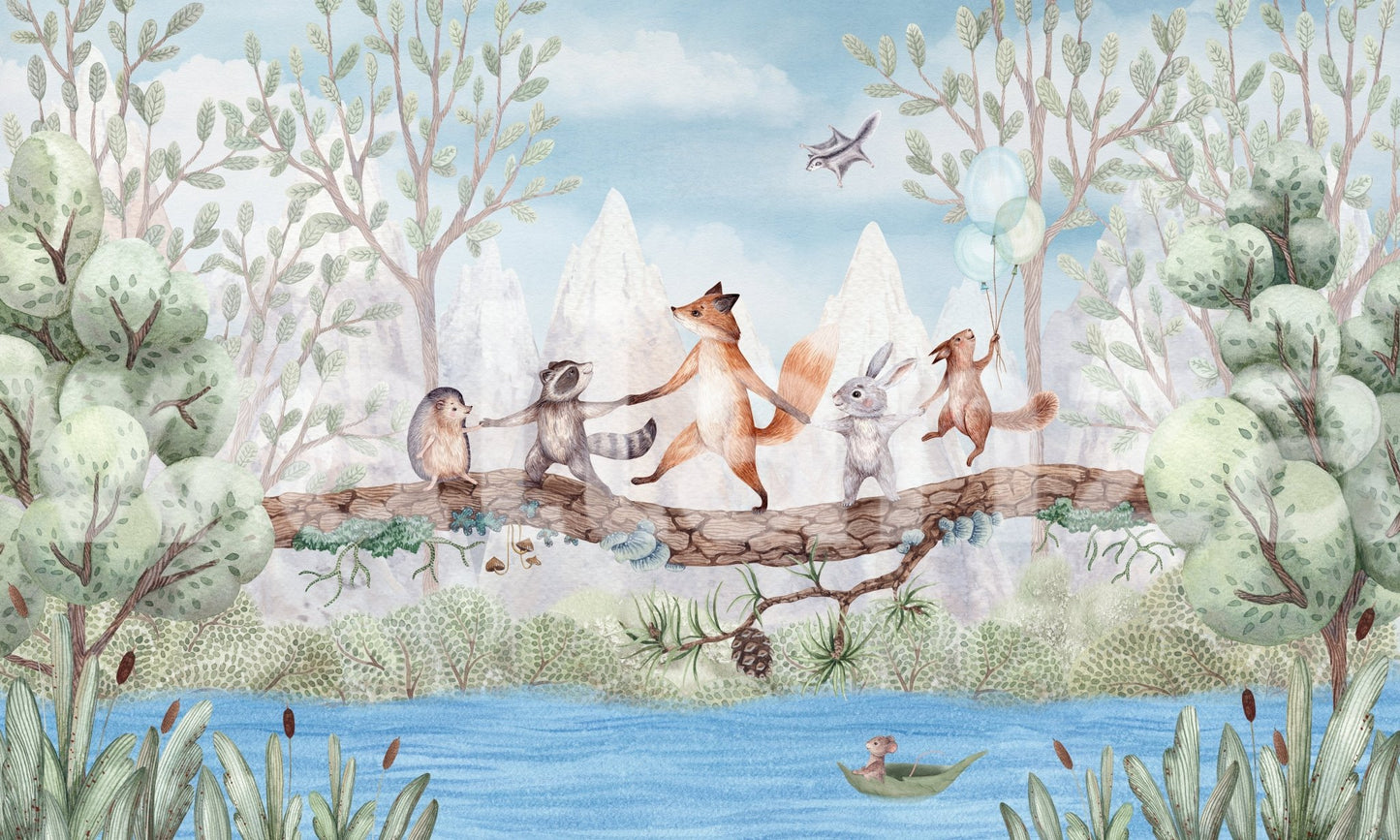 Large scale animal adventure wall mural for kids room.