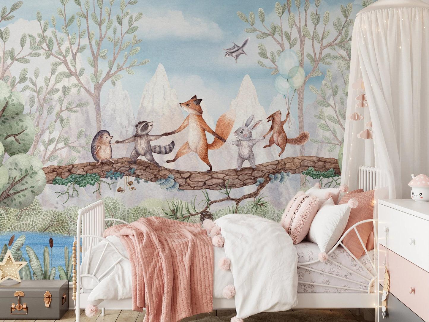 Bedroom featuring a single bed and animal adventure wall mural in blue and green.