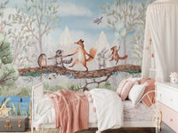 Bedroom featuring a single bed and animal adventure wall mural in blue and green.