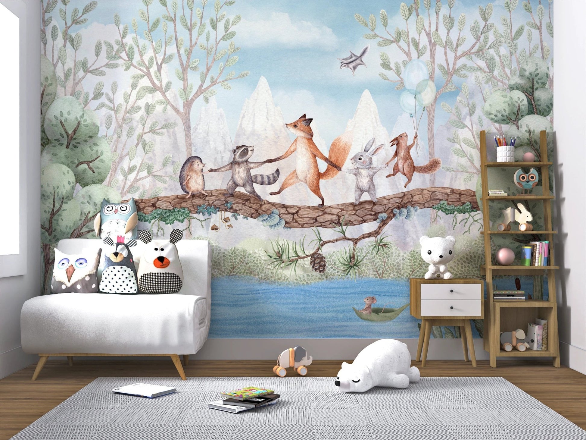 Kids bedroom with a white sofa and forest animal wall mural.
