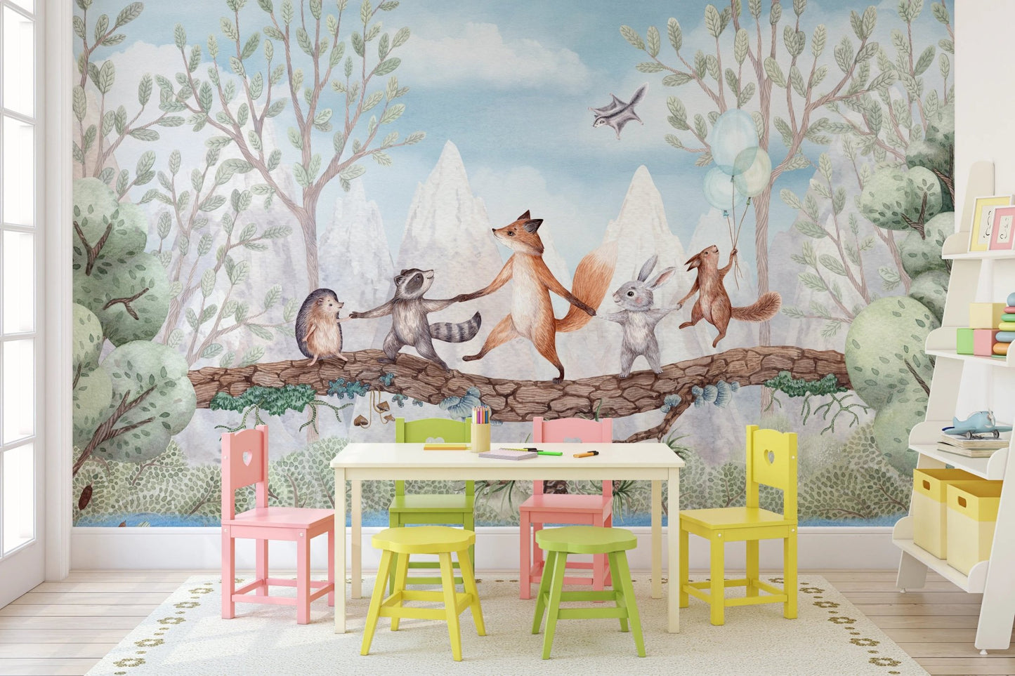 Classroom setting with colorful chairs and a animal themed wall mural.