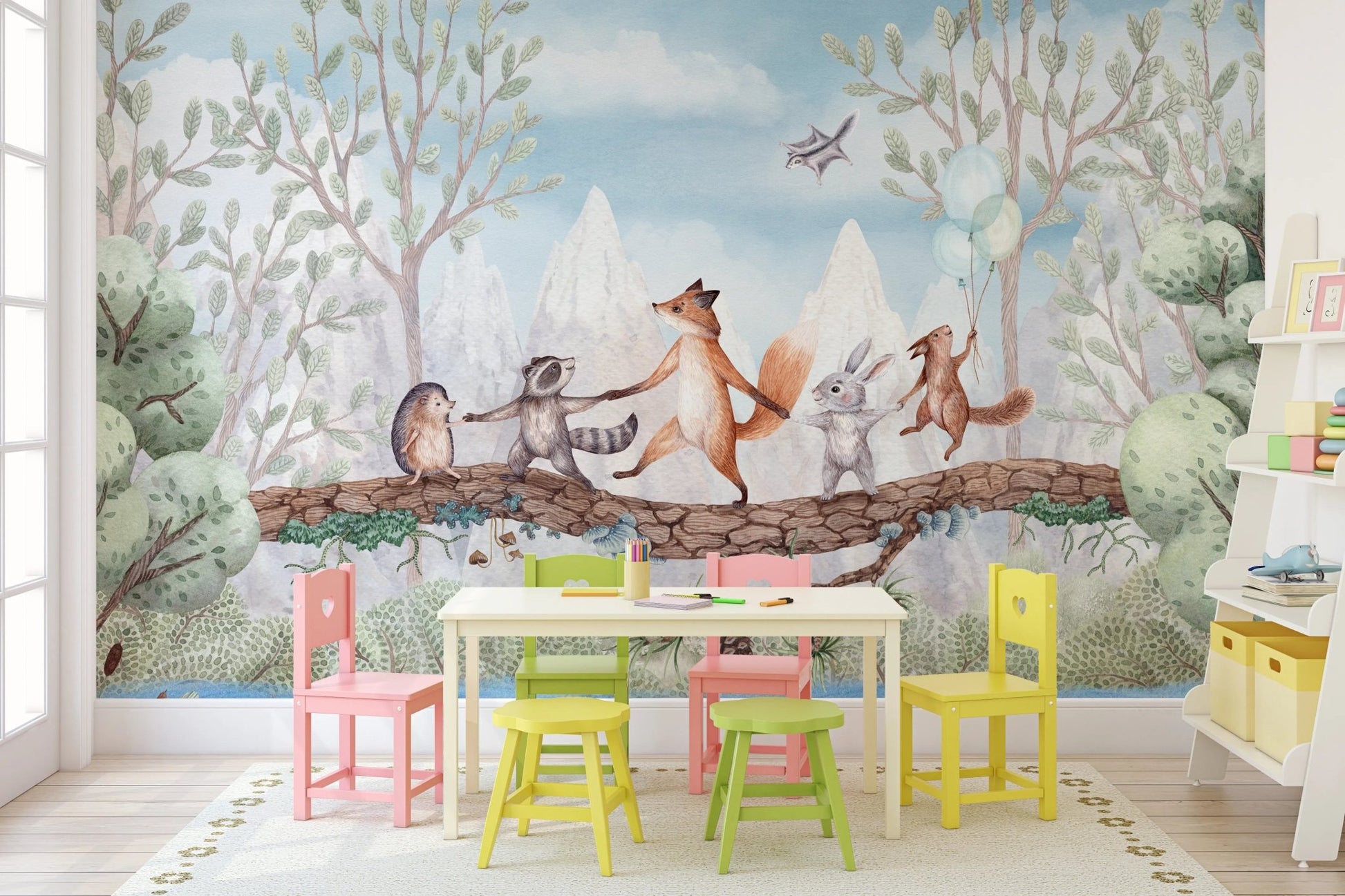 Classroom setting with colorful chairs and a animal themed wall mural.