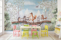 Classroom setting with colorful chairs and a animal themed wall mural.