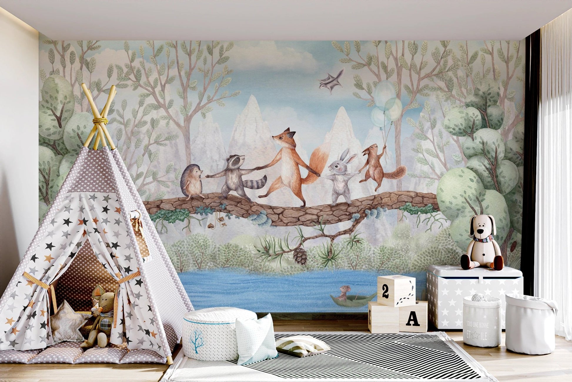 Childrens teepee tent set against a blue sky animal adventure wall mural.