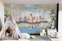 Childrens teepee tent set against a blue sky animal adventure wall mural.