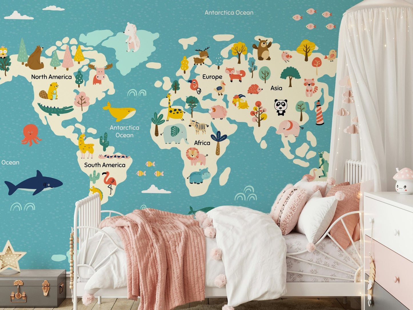Large scale map wall mural showing global habitats and diverse fauna.