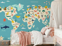 Large scale map wall mural showing global habitats and diverse fauna.