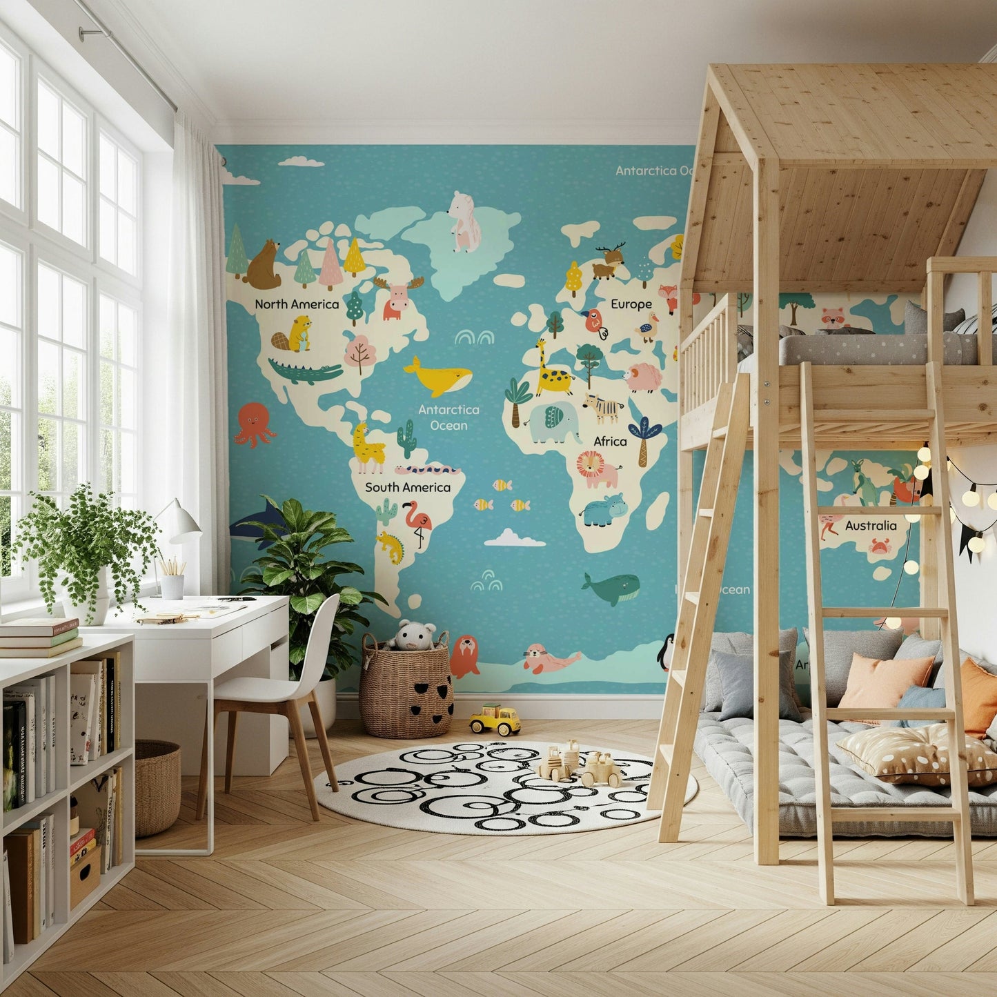 Scandi style world map wallpaper with subtle earth tones and wildlife.