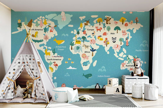 Gentle watercolor style world map mural for a serene nursery environment.