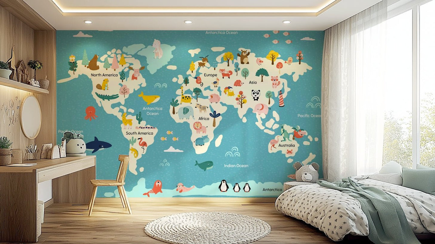 Educational geography wall mural for a nursery featuring ocean creatures.