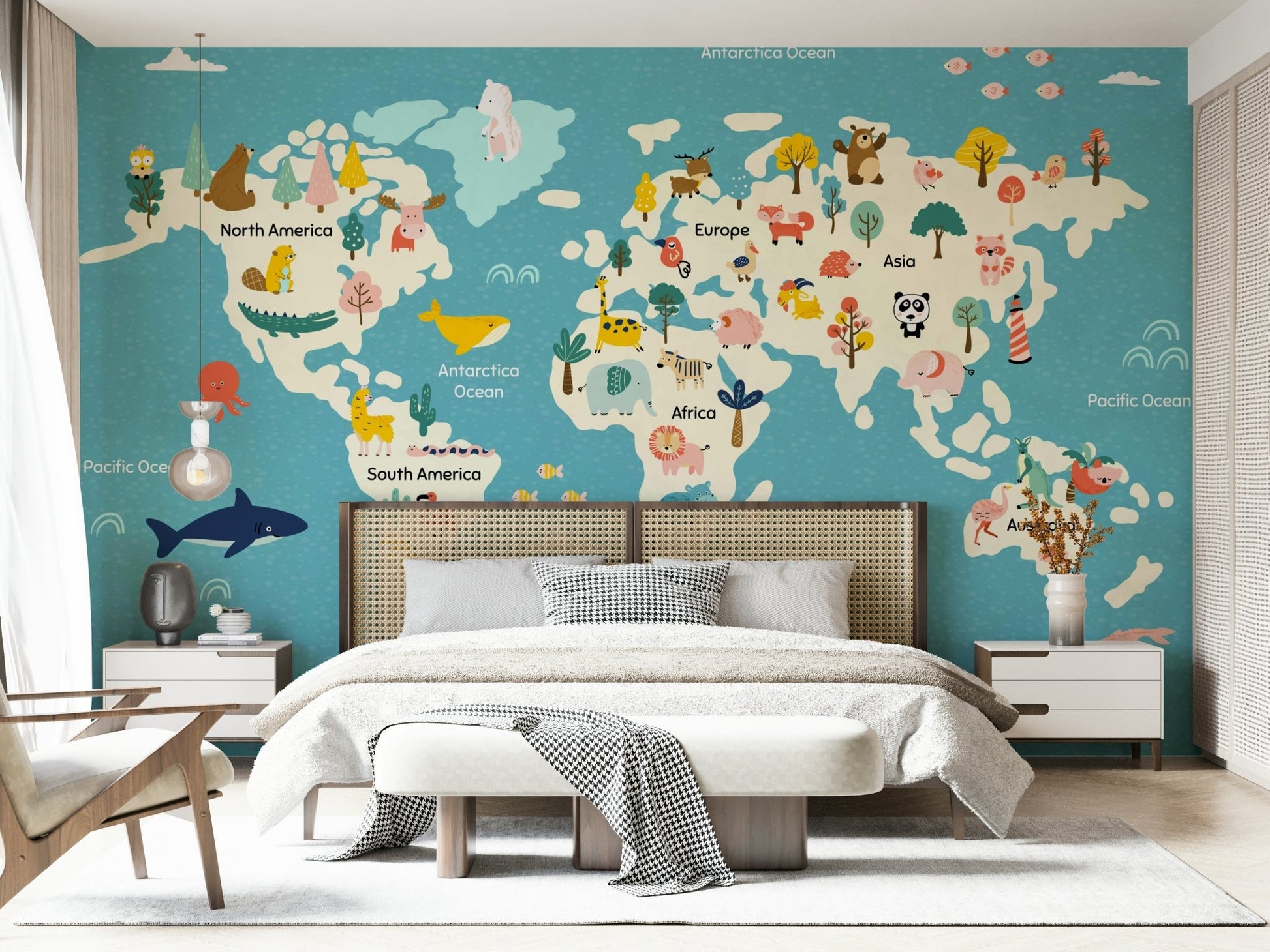 Pastel blue world map wallpaper with hand-drawn land animals for kids.