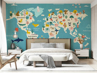 Pastel blue world map wallpaper with hand-drawn land animals for kids.