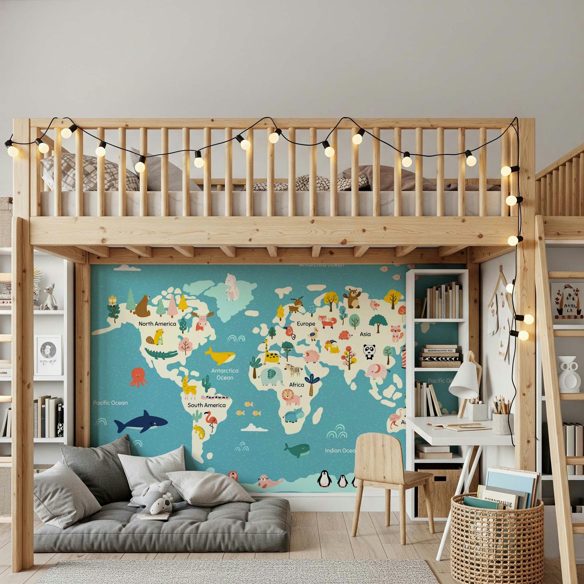 Minimalist world map wallpaper with soft neutral tones and jungle animals.