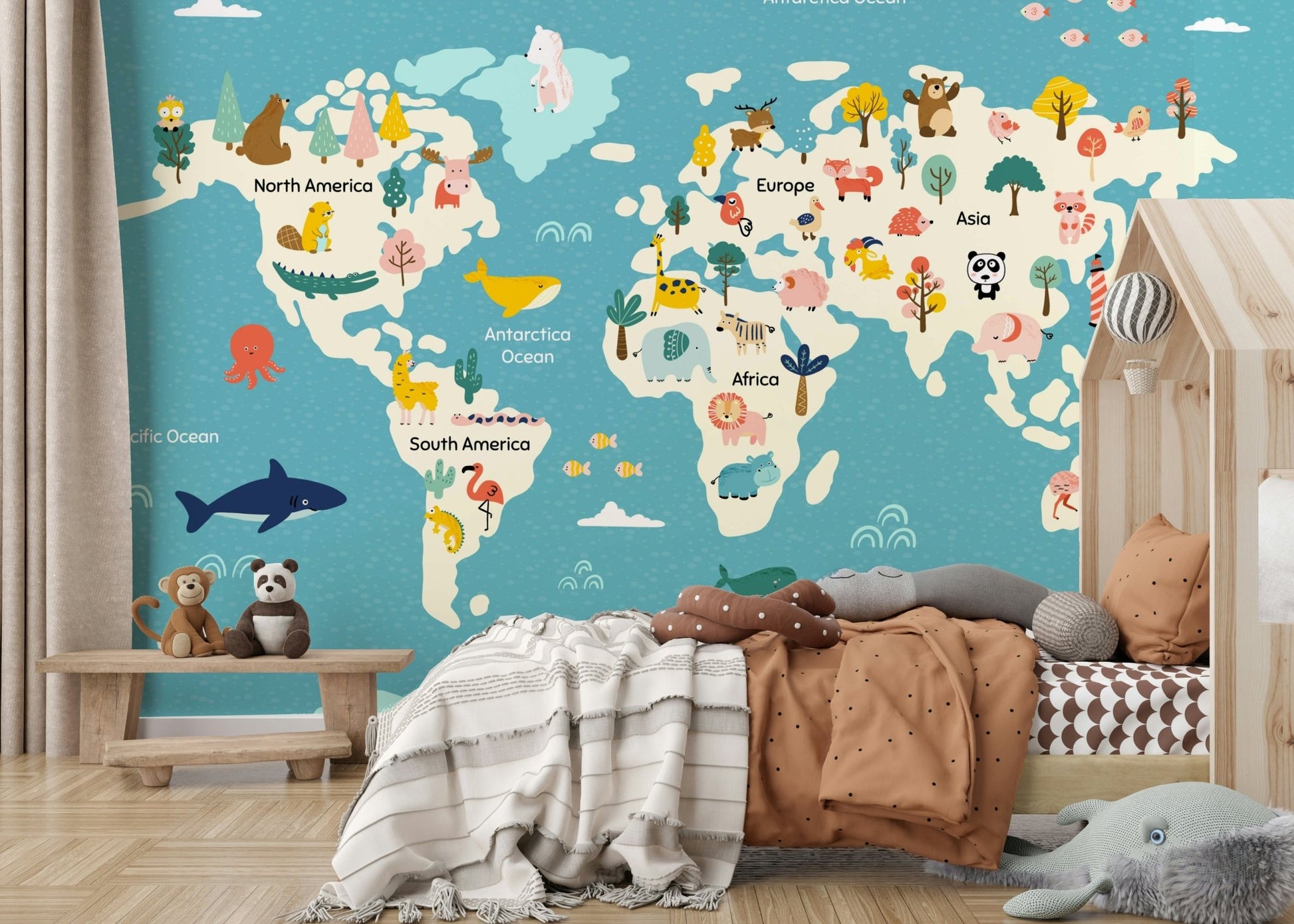 Vibrant map wall mural highlighting forest and savannah animals for children.