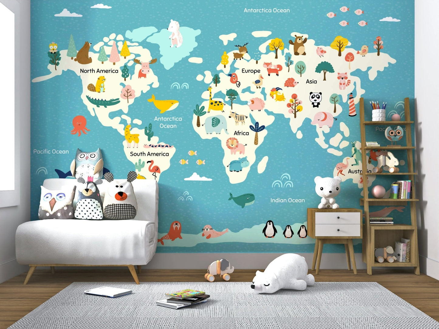 Detailed atlas wallpaper featuring cartoon bears and lions for a study area.